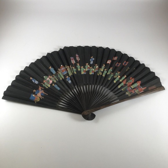Vintage Asian Handheld Fan Band Parade Scene Black Hand Painted - Picture 1 of 10